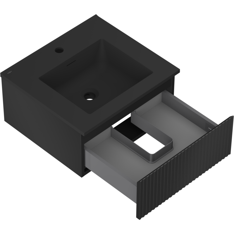Mexen Rivel 50 cm-es fürdőszobai szekrény Otis mosdóval, 1 fiókos, bordázott, fekete matt - 91A20-05023-1-BF71-W18M71