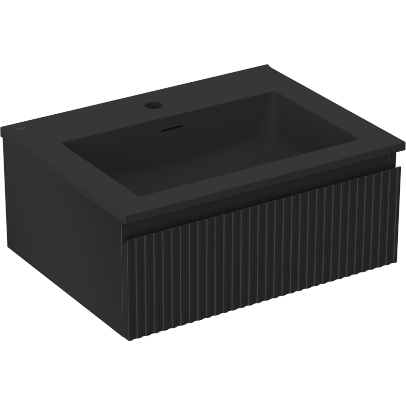 Mexen Rivel 60 cm-es fürdőszobai szekrény Otis mosdóval, 1 fiók, barázdált, fekete matt - 91A20-06023-1-BF71-W18M71