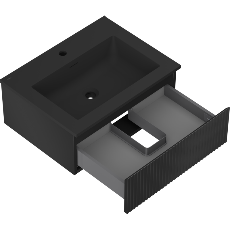 Mexen Rivel 60 cm-es fürdőszobai szekrény Otis mosdóval, 1 fiók, barázdált, fekete matt - 91A20-06023-1-BF71-W18M71