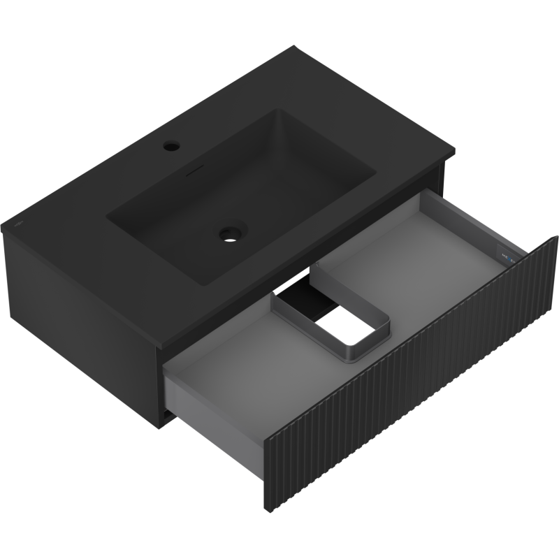 Mexen Rivel 80 cm-es fürdőszobaszekrény Otis mosdóval, 1 fiókos, bordázott, fekete matt - 91A20-08023-1-BF71-W18M71