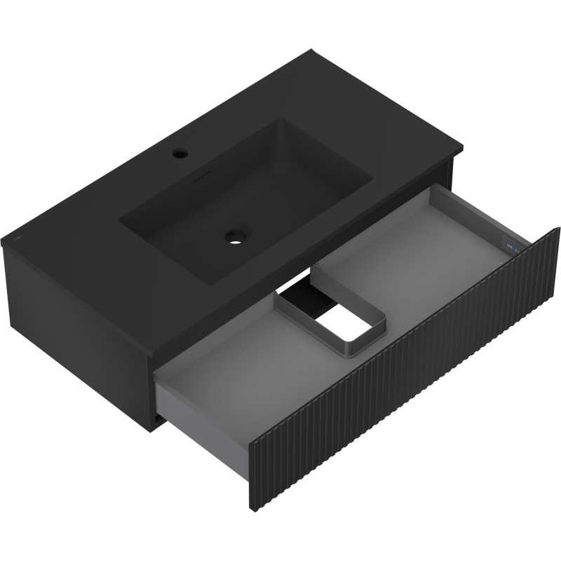 Mexen Rivel 90 cm-es mosdószekrény Otis mosdóval, 1 fiók, dombornyomott, fekete matt - 91A20-09023-1-BF71-W18M71
