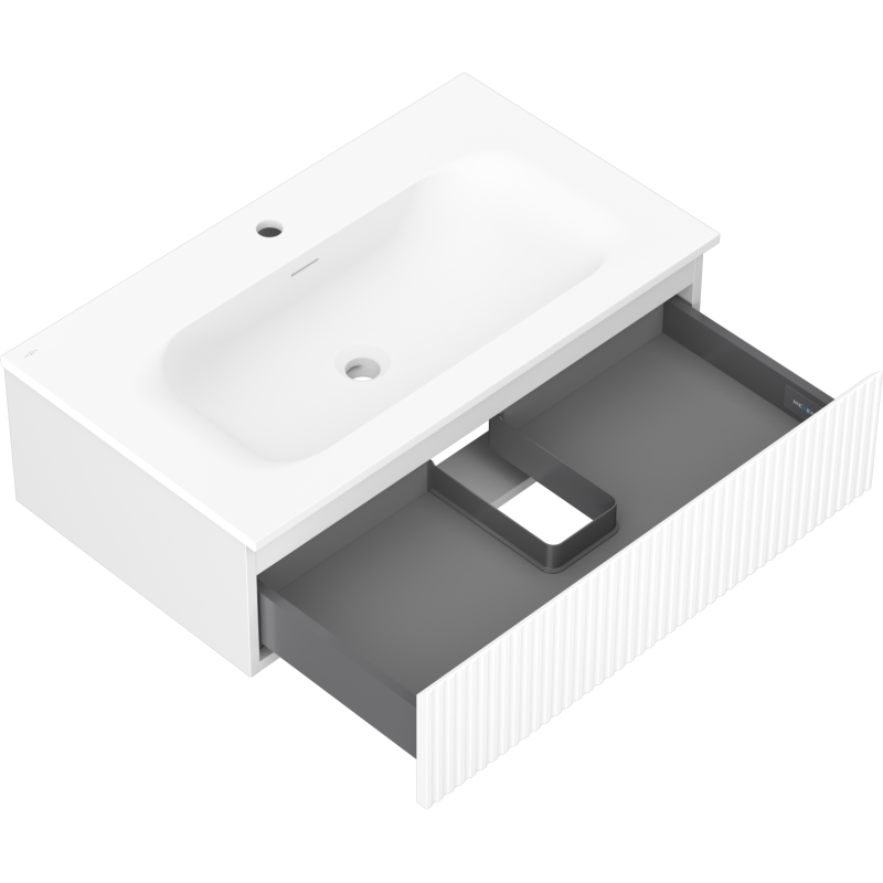 Mexen Rivel 80 cm-es fürdőszobaszekrény Vela mosdókagylóval, 1 fiók, barázdált, fehér matt - 91A20-08023-1-BF01-W23M01