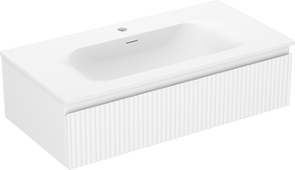 Mexen Rivel 90 cm-es fürdőszobai szekrény Velá mosdóval, 1 fiókos, bordázott, matt fehér - 91A20-09023-1-BF01-W23M01
