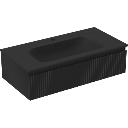 Mexen Rivel 90 cm-es fürdőszobaszekrény Vela mosdóval, 1 fiók, bordázott, fekete matt - 91A20-09023-1-BF71-W23M71