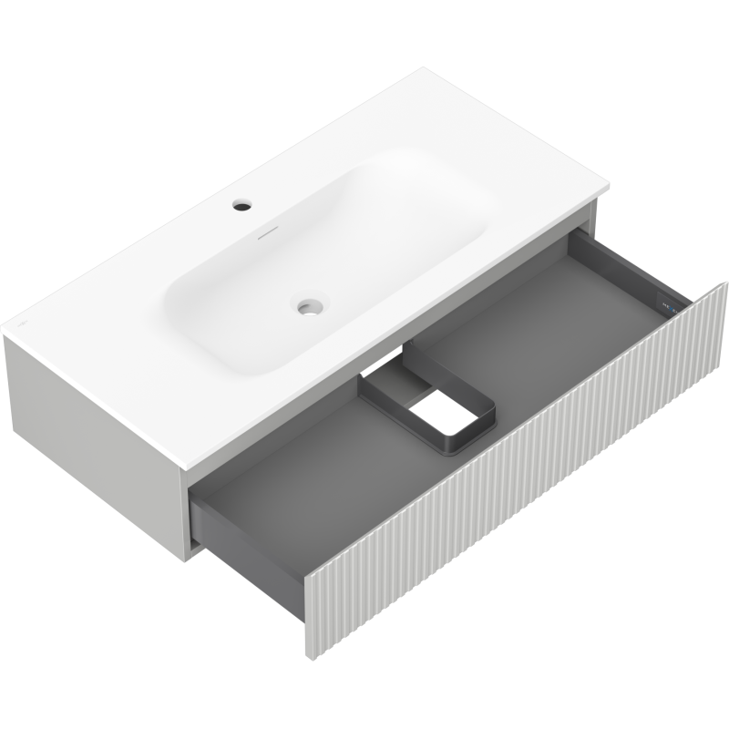 Mexen Rivel 100 cm-es fürdőszobaszekrény Vela mosdóval, 1 fiók, bordázott, szürke matt/fehér matt - 91A20-10023-1-BF62-W23M01