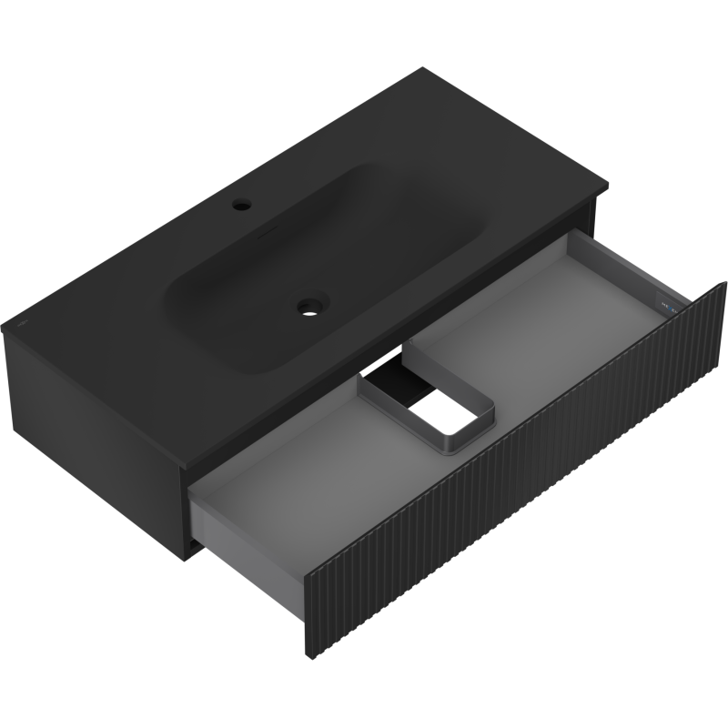 Mexen Rivel fürdőszobaszekrény 100 cm mosdóval Vela, 1 fiók, bordázott, fekete matt - 91A20-10023-1-BF71-W23M71