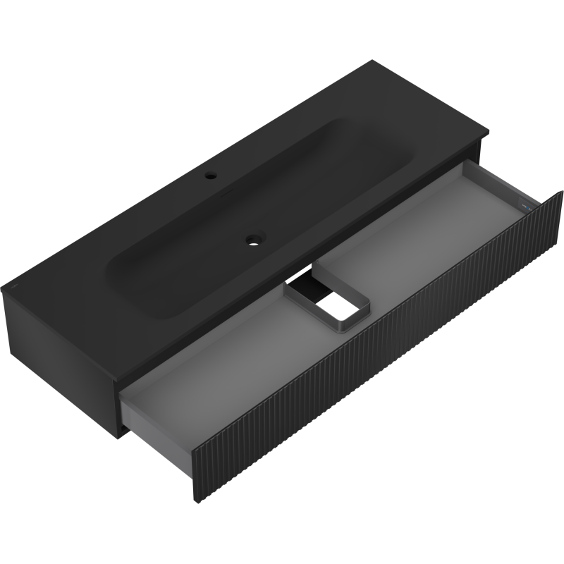 Mexen Rivel 140 cm-es fürdőszobai szekrény Vela mosdóval, 1 fiók, bordázott, fekete matt - 91A20-14023-1-BF71-W23M71