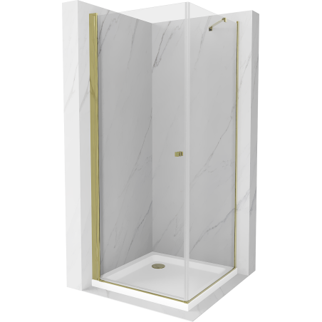 Mexen Pretoria cabină de duș cu balamale 90 x 90 cm, transparent, Aurie + cadă de duș Flat - 852-090-090-50-00-4010