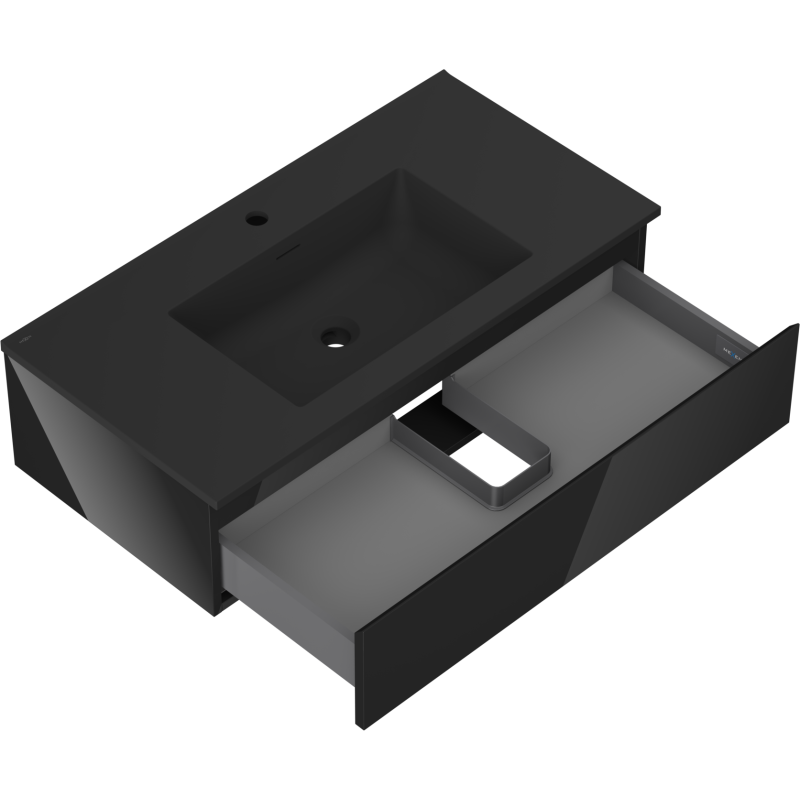 Mexen Orio 90 cm-es fürdőszobai szekrény Otis mosdóval, 1 fiók, fekete fényes/fekete matt - 91A10-09023-1-BF70-W18M71