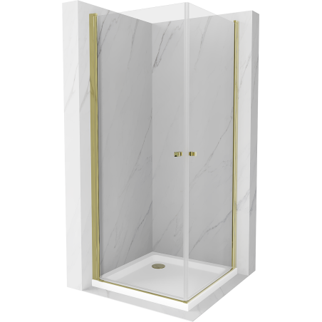 Mexen Pretoria Duo cabină de duș pivotantă 90 x 90 cm, transparentă, auriu + cădiță Flat - 852-090-090-50-02-4010G
