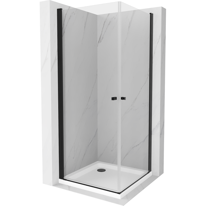 Mexen Pretoria Duo cabină de duș cu ușă batantă 90 x 90 cm, transparentă, neagră + cadă de duș Flat