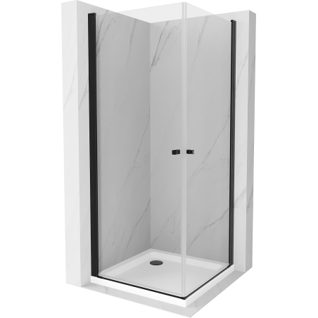 Mexen Pretoria Duo cabină de duș cu ușă batantă 90 x 90 cm, transparentă, neagră + cadă de duș Flat