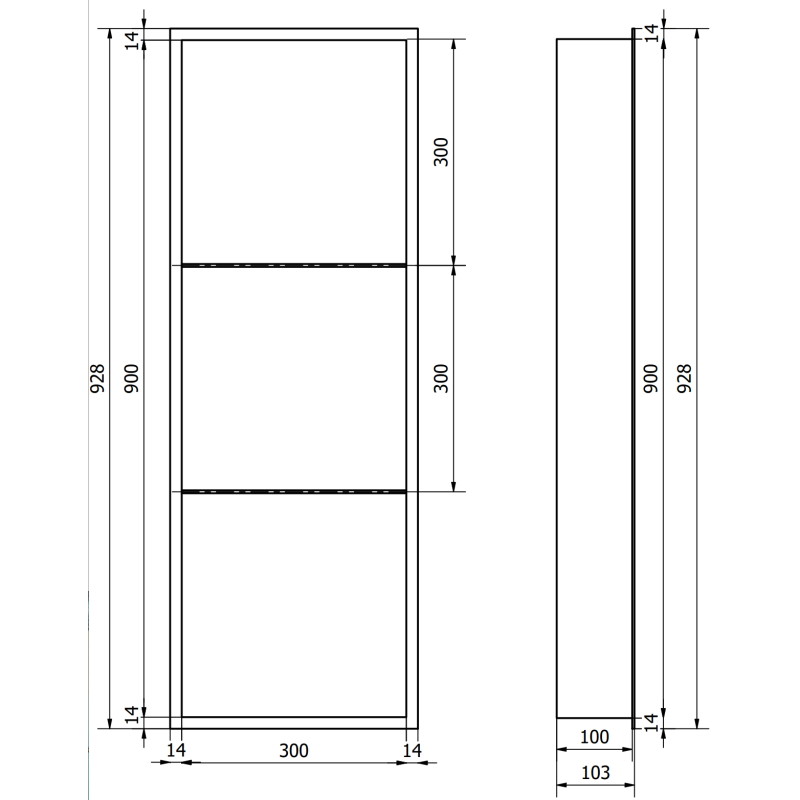 Mexen X-Wall-R raft încorporat cu margine și raft 90 x 30 cm, gri armat periat - 19E0903010S