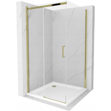 Mexen Omega cabina de duș glisantă 100 x 100 cm, transparentă, aurie + cadă Flat - 825-100-100-50-00-4010