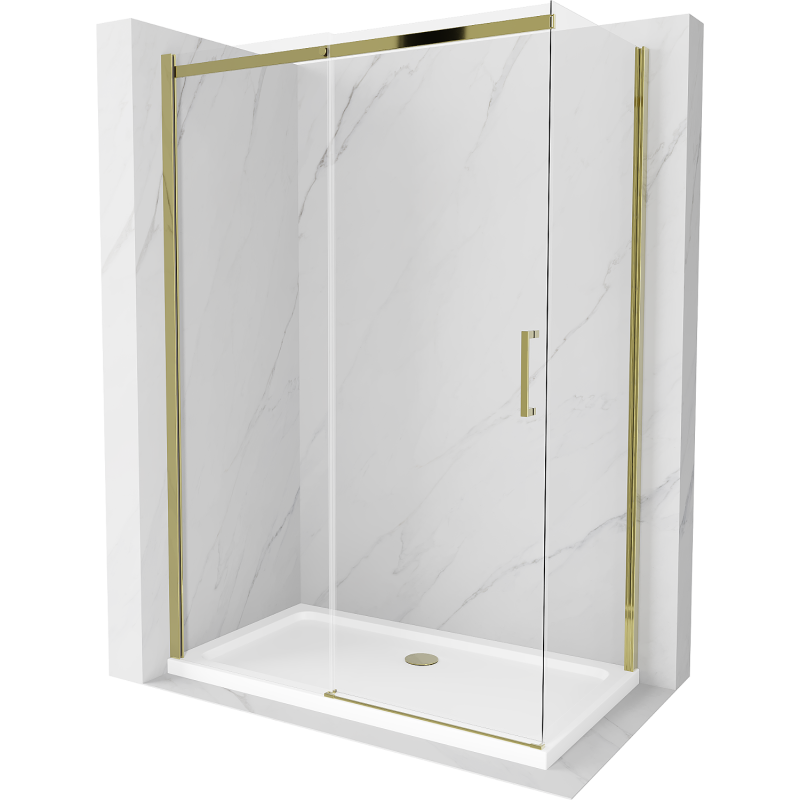 Mexen Omega 130 x 70 cm-es, tolóajtós zuhanykabin, átlátszó, arany + Flat zuhanytálca - 825-130-070-50-00-4010