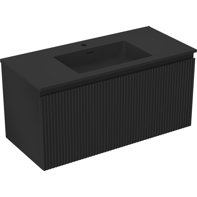 Mexen Rivel 100 cm-es fürdőszobai szekrény Otis mosdóval, 1 fiókos, bordázott, fekete matt - 91A20-10047-1-BF71-W18M71
