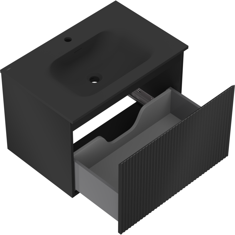 Mexen Rivel 70 cm-es fürdőszobai szekrény Vela mosdóval, 1 fiókos, bordázott, fekete matt - 91A20-07047-1-BF71-W23M71