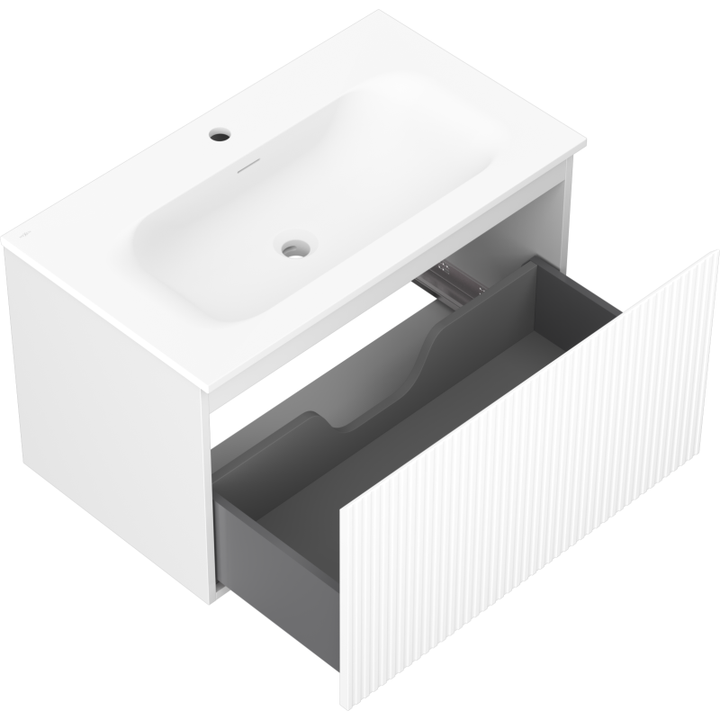 Mexen Rivel fürdőszobaszekrény 80 cm mosdóval Vela, 1 fiók, bordázott, fehér matt - 91A20-08047-1-BF01-W23M01