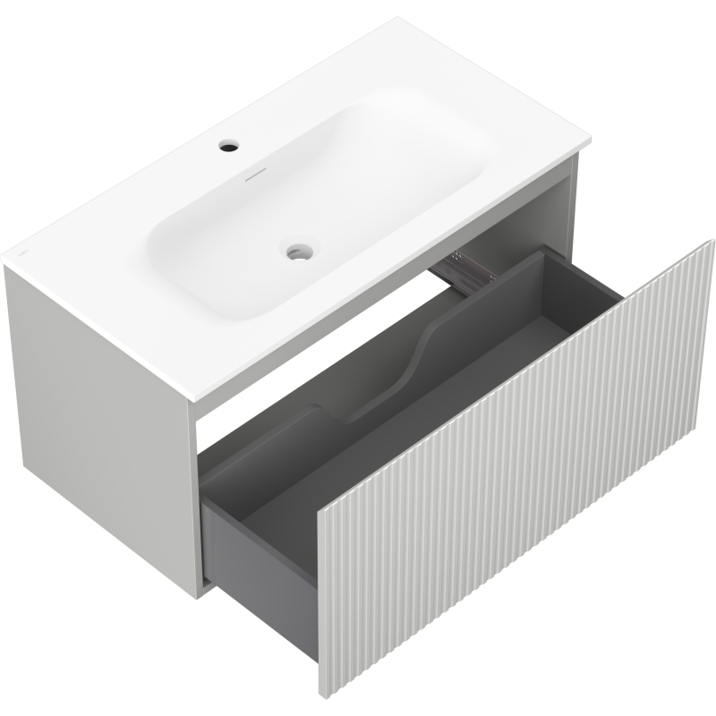 Mexen Rivel 90 cm-es fürdőszobaszekrény Vela mosdóval, 1 fiókos, bordázott, szürke matt/fehér matt - 91A20-09047-1-BF62-W23M01