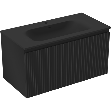 Mexen Rivel 90 cm-es fürdőszobaszekrény Vela mosdóval, 1 fiók, bordázott, fekete matt - 91A20-09047-1-BF71-W23M71