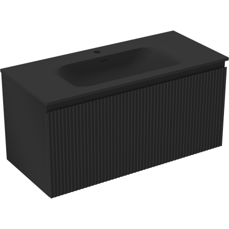 Mexen Rivel 100 cm-es fürdőszobai szekrény Vela mosdóval, 1 fiók, bordázott, fekete matt - 91A20-10047-1-BF71-W23M71