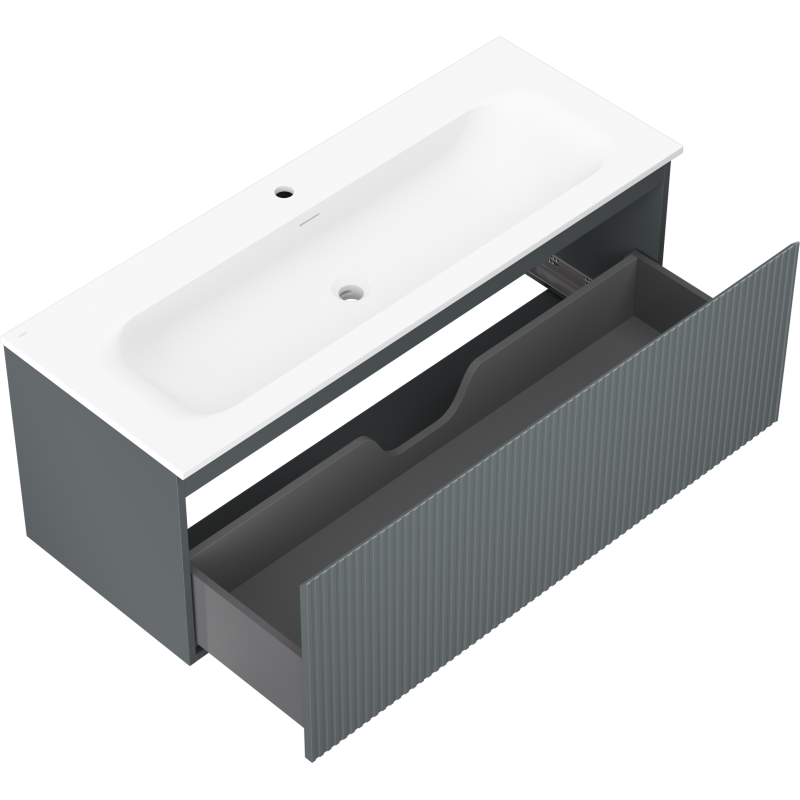Mexen Rivel Vela 120 cm-es fürdőszobai szekrény mosdóval, 1 fiókos, bordázott, matt grafit/fehér matt -