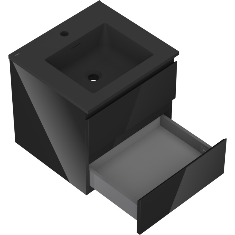Mexen Orio Otis 50 cm-es fürdőszobai szekrény mosdóval, 2 fiókos, fekete fényes/fekete matt - 91A10-05047-2-BFF70-W18M71