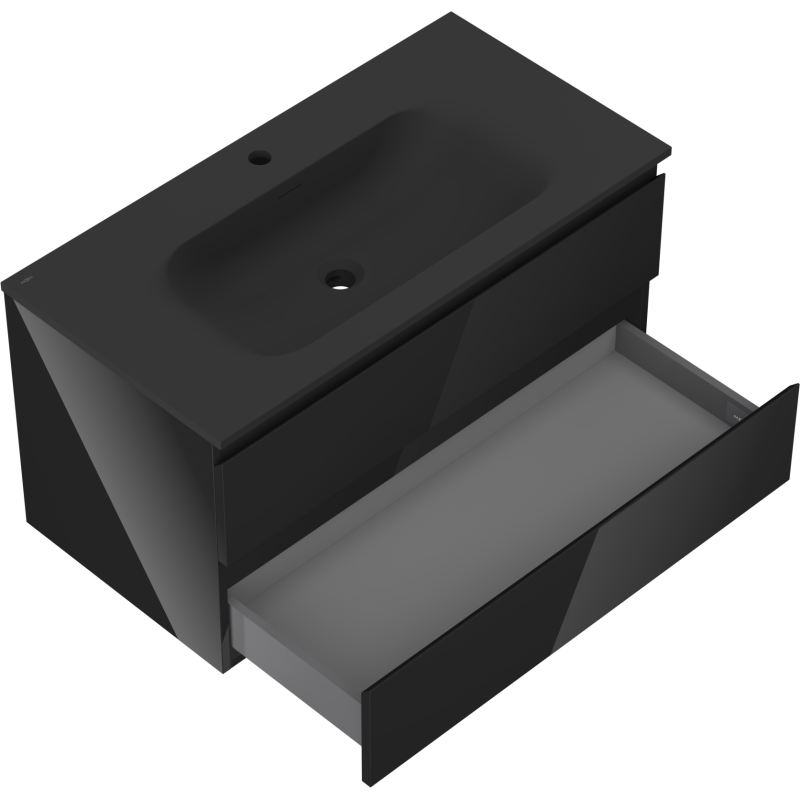 Mexen Orio 90 cm-es fürdőszobaszekrény Vela mosdóval, 2 fiók, fekete fényes/fekete matt - 91A10-09047-2-BFF70-W23M71