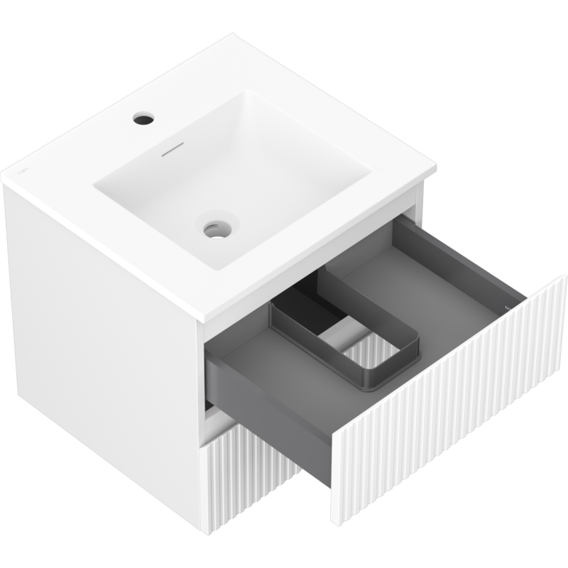 Mexen Rivel 50 cm-es fürdőszobaszekrény Otis mosdóval, 2 fiók, bordázott, fehér matt - 91A20-05047-2-BFF01-W18M01