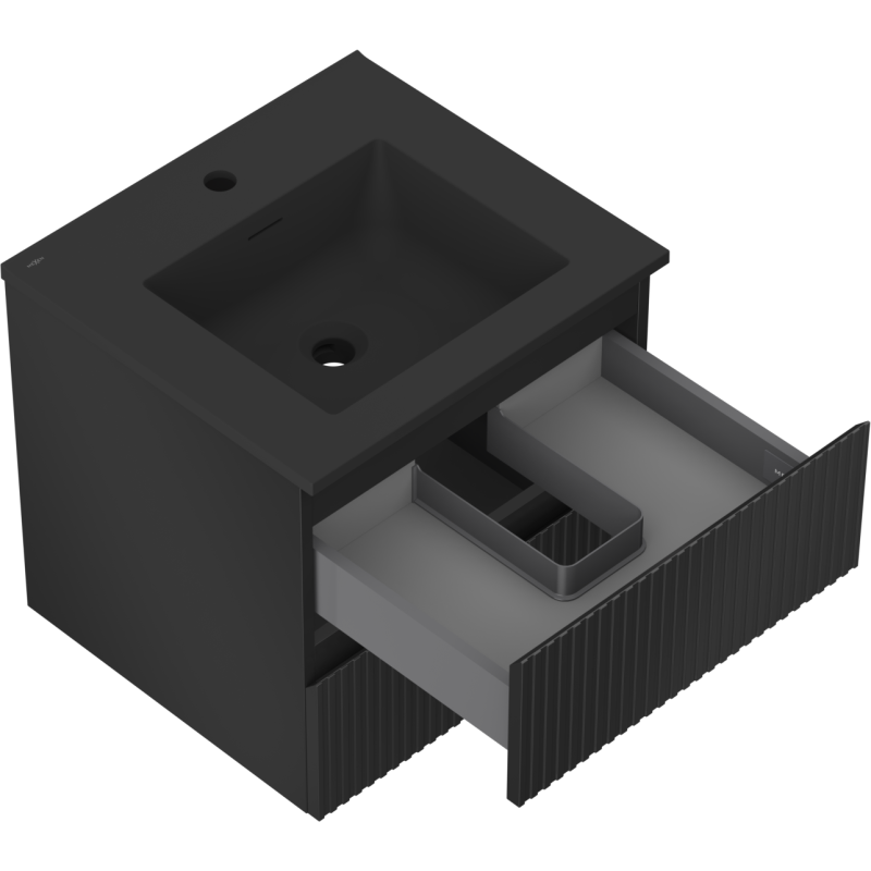 Mexen Rivel 50 cm-es fürdőszobai szekrény Otis mosdóval, 2 fiókos, bordázott, fekete matt - 91A20-05047-2-BFF71-W18M71