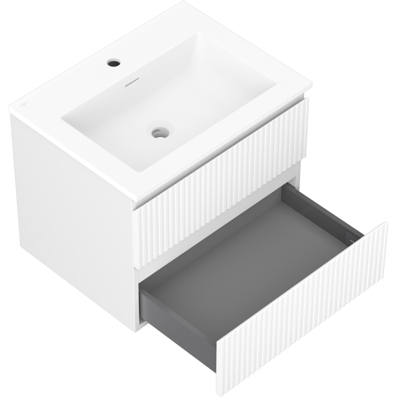 Mexen Rivel 60 cm-es fürdőszobai szekrény Otis mosdóval, 2 fiókos, barázdált, fehér matt - 91A20-06047-2-BFF01-W18M01