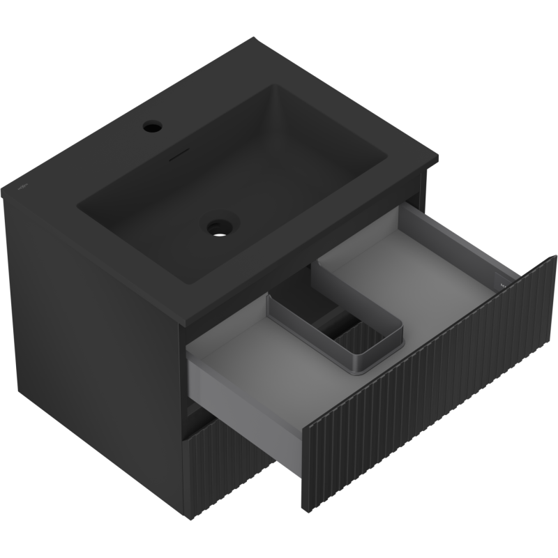 Mexen Rivel 60 cm-es fürdőszobai szekrény Otis mosdóval, 2 fiók, bordázott, fekete matt - 91A20-06047-2-BFF71-W18M71