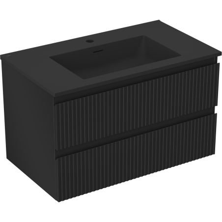 Mexen Rivel 80 cm-es fürdőszobai szekrény Otis mosdóval, 2 fiókos, barázdált, fekete matt - 91A20-08047-2-BFF71-W18M71