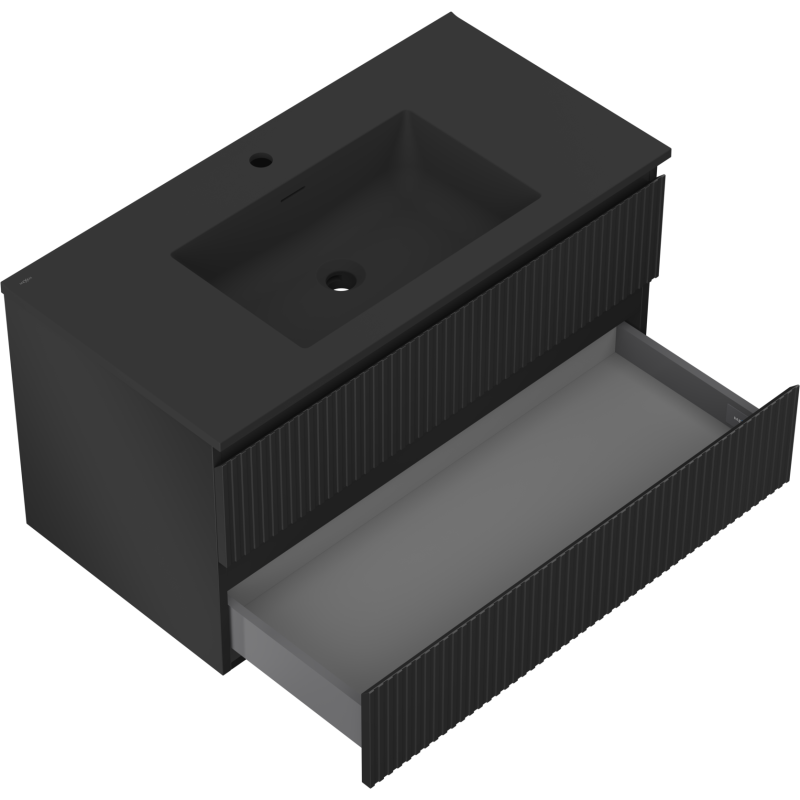 Mexen Rivel 90 cm-es fürdőszobai szekrény Otis mosdóval, 2 fiókos, barázdált, fekete matt - 91A20-09047-2-BFF71-W18M71