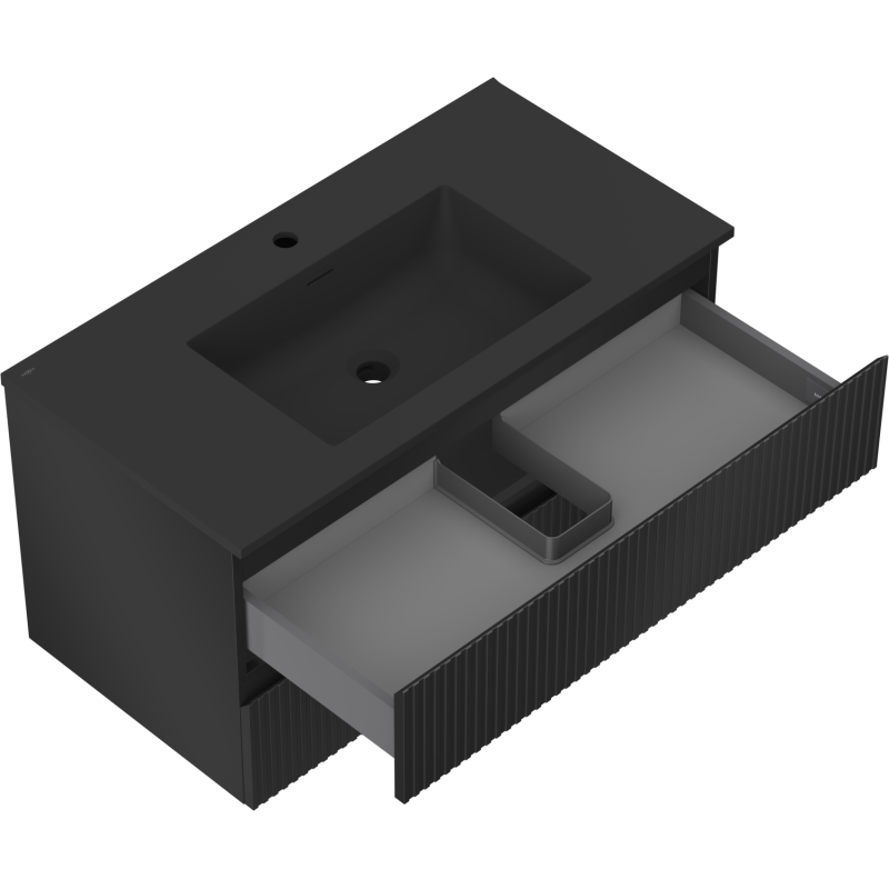 Mexen Rivel 90 cm-es fürdőszobai szekrény Otis mosdóval, 2 fiókos, barázdált, fekete matt - 91A20-09047-2-BFF71-W18M71