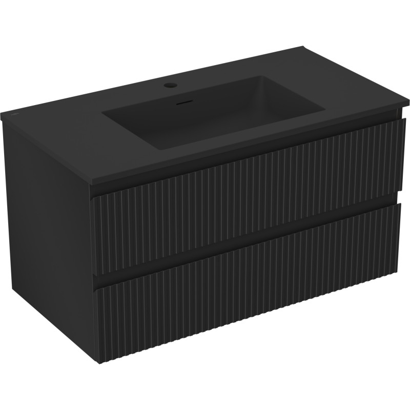Mexen Rivel dulap de baie 90 cm cu chiuvetă Otis, 2 sertare, canelat, negru mat - 91A20-09047-2-BFF71-W18M71