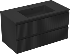 Mexen Rivel 90 cm-es fürdőszobai szekrény Otis mosdóval, 2 fiókos, barázdált, fekete matt - 91A20-09047-2-BFF71-W18M71