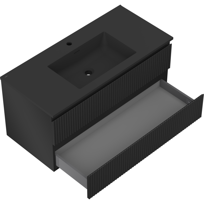 Mexen Rivel 100 cm-es fürdőszobai szekrény Otis mosdóval, 2 fiók, rovátkolt, fekete matt - 91A20-10047-2-BFF71-W18M71