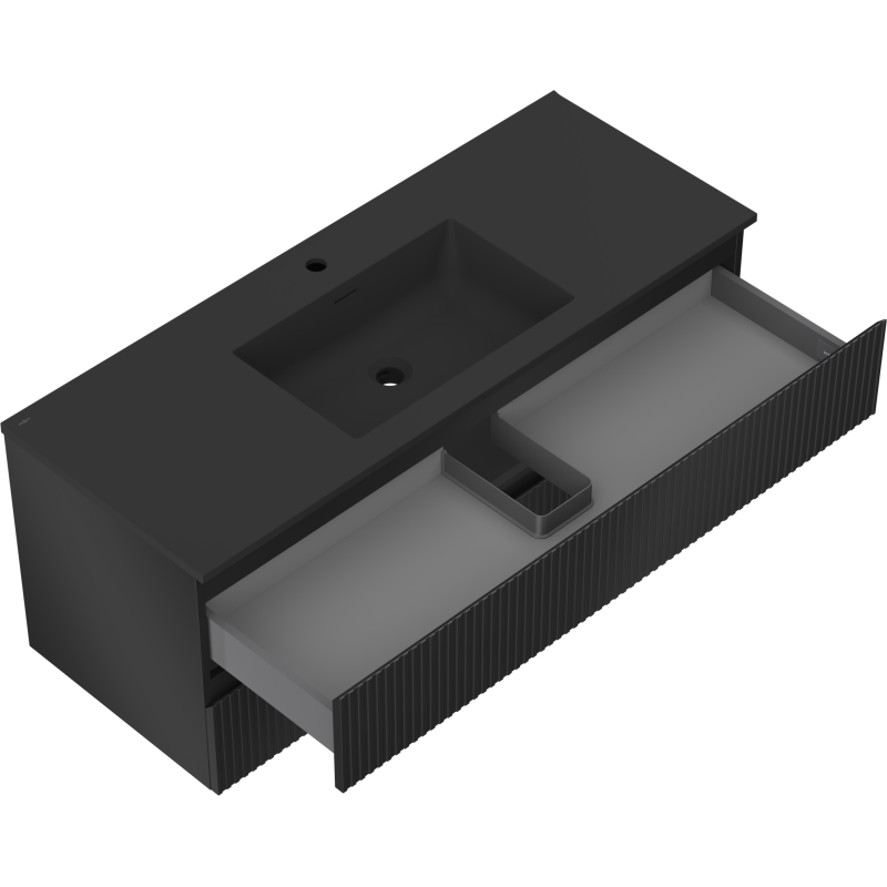 Mexen Rivel 120 cm-es fürdőszobai szekrény Otis mosdóval, 2 fiókos, bordázott, fekete matt - 91A20-12047-2-BFF71-W18M71