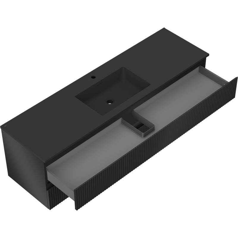 Mexen Rivel 160 cm-es fürdőszobai szekrény Otis mosdóval, 2 fiók, bordázott, fekete matt - 91A20-16047-2-BFF71-W18M71