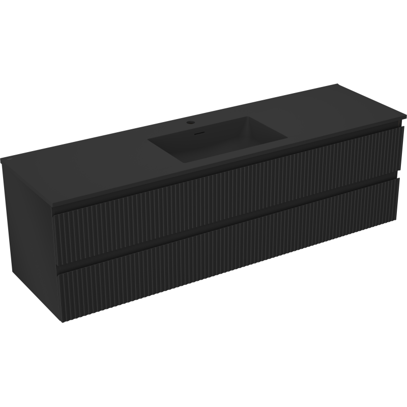 Mexen Rivel 160 cm-es fürdőszobai szekrény Otis mosdóval, 2 fiók, bordázott, fekete matt - 91A20-16047-2-BFF71-W18M71