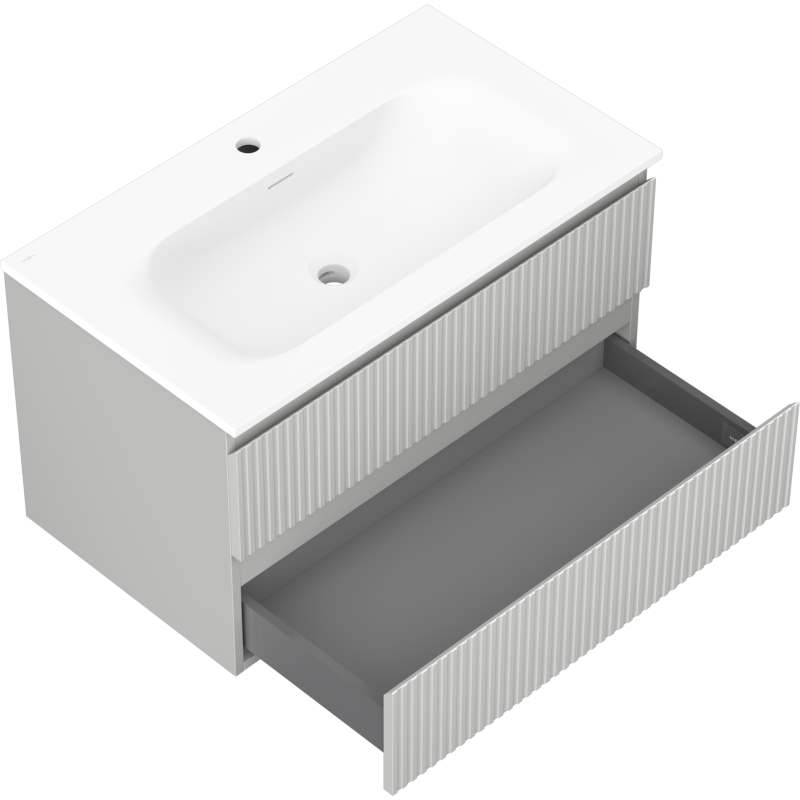 Mexen Rivel 80 cm-es fürdőszobaszekrény Vela mosdóval, 2 fiókos, bordázott, szürke matt/fehér matt - 91A20-08047-2-BFF62-W23M01