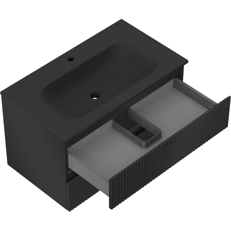 Mexen Rivel fürdőszobai szekrény 80 cm mosdóval Vela, 2 fiókos, bordázott, fekete matt - 91A20-08047-2-BFF71-W23M71