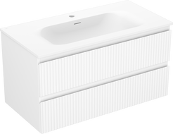 Mexen Rivel 90 cm-es fürdőszobai szekrény Vela mosdóval, 2 fiókos, bordázott, matt fehér - 91A20-09047-2-BFF01-W23M01