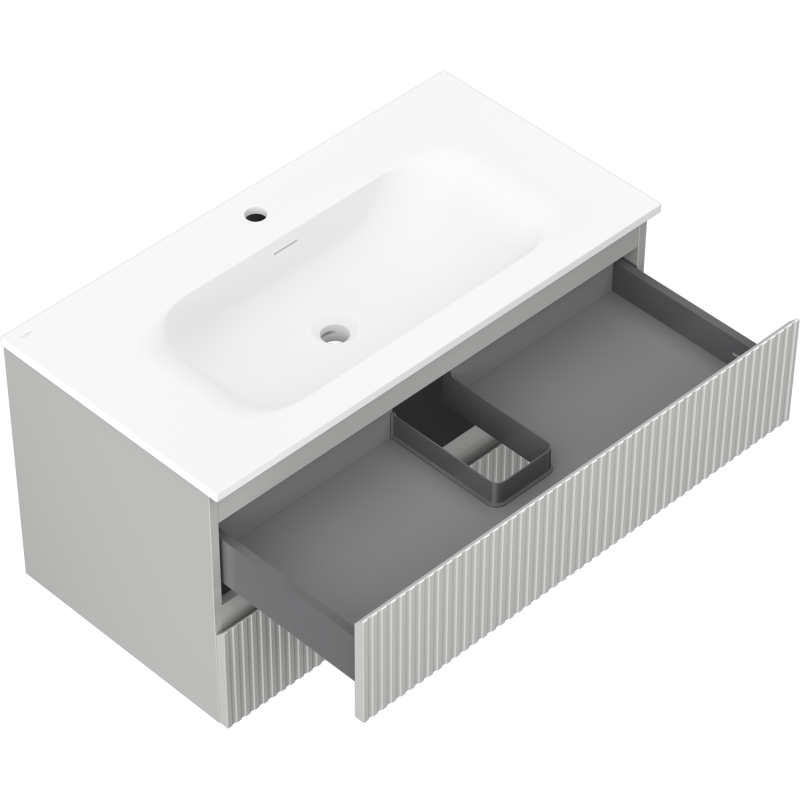 Mexen Rivel 90 cm-es fürdőszobai szekrény mosdóval Vela, 2 fiókos, bordázott, szürke matt/fehér matt