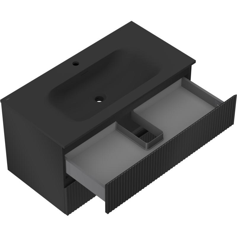 Mexen Rivel 90 cm-es fürdőszobai szekrény Vela mosdóval, 2 fiók, bordázott, fekete matt - 91A20-09047-2-BFF71-W23M71