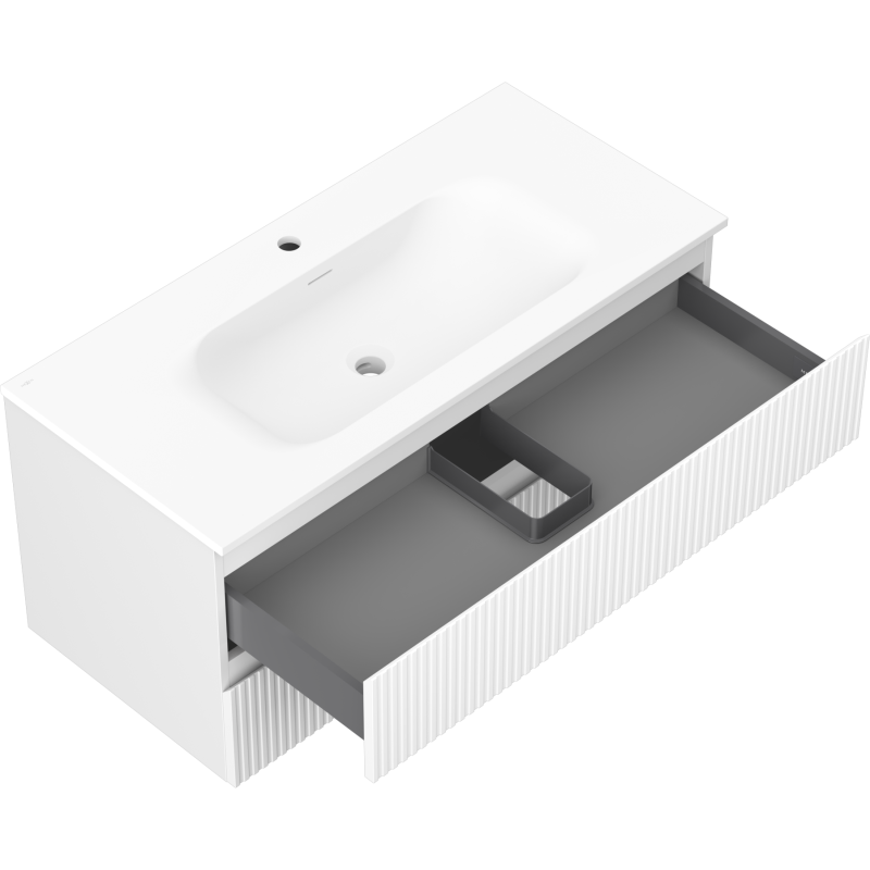 Mexen Rivel fürdőszobai szekrény 100 cm-es Vela mosdóval, 2 fiókos, barázdált, fehér matt - 91A20-10047-2-BFF01-W23M01