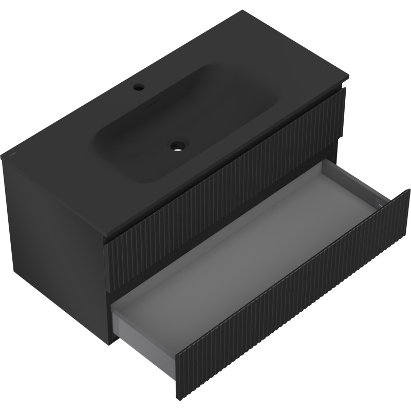 Mexen Rivel dulap baie 100 cm cu lavoar Vela, 2 sertare, canelat, negru mat - 91A20-10047-2-BFF71-W23M71