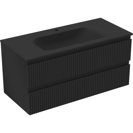 Mexen Rivel fürdőszobai szekrény 100 cm-es Vela mosdókagylóval, 2 fiókkal, bordázott, fekete matt - 91A20-10047-2-BFF71-W23M71