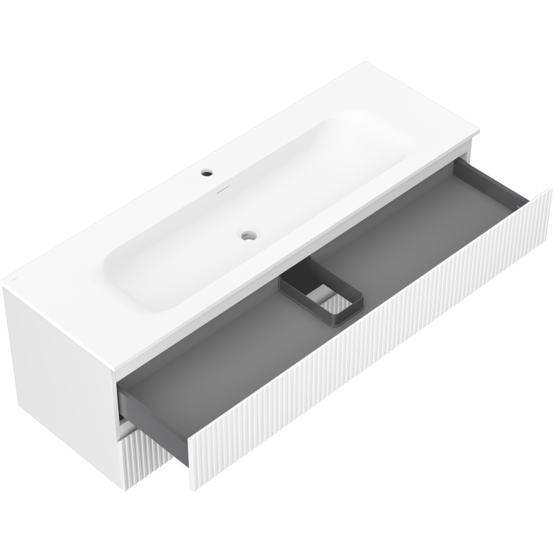 Mexen Rivel fürdőszobaszekrény 140 cm mosdóval Vela, 2 fiók, bordázott, fehér matt - 91A20-14047-2-BFF01-W23M01
